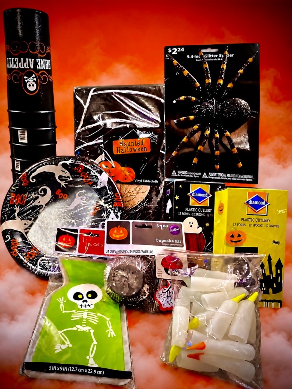 Vintage Halloween Party Supply Bundle | 10 Reusable Cups, 10 Plates & Tablecloth